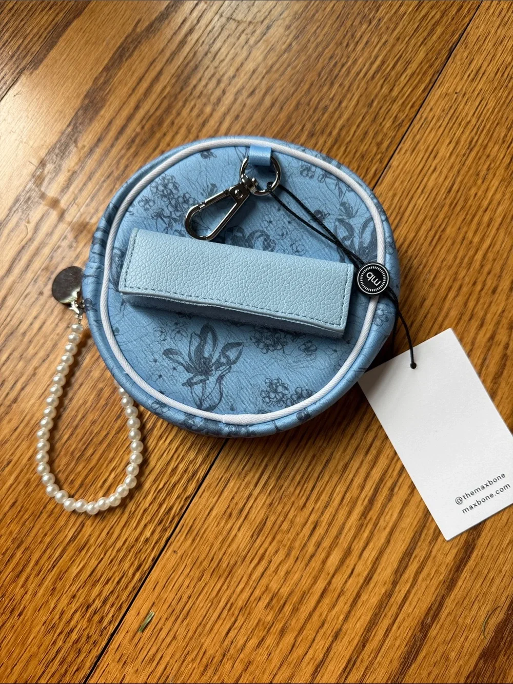 Maxbone x Bridgertone Dog Pet Blue Floral Round Treat Pouch with Pearl Wristlet